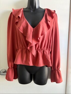SHEIN Peplem Waist Festival Boho Ruffled V-Neck Blouse SZ L